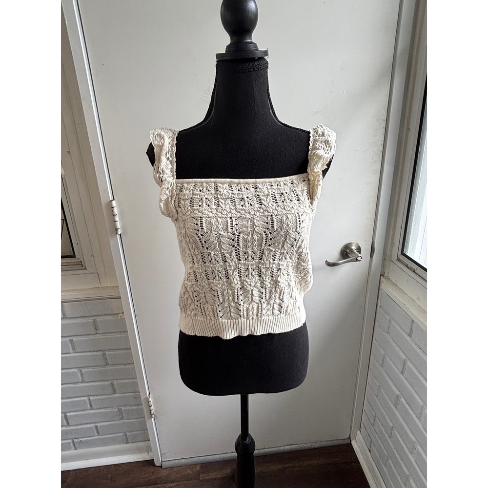 Anthropologie Crochet Knit Ruffle Strap Crop Top Large Boho cottageore‎ prairie